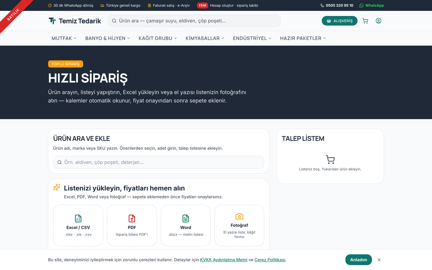 temiztedarik.com hızlı sipariş sayfası — Excel, PDF, Word veya fotoğraf yükleyerek toplu sipariş