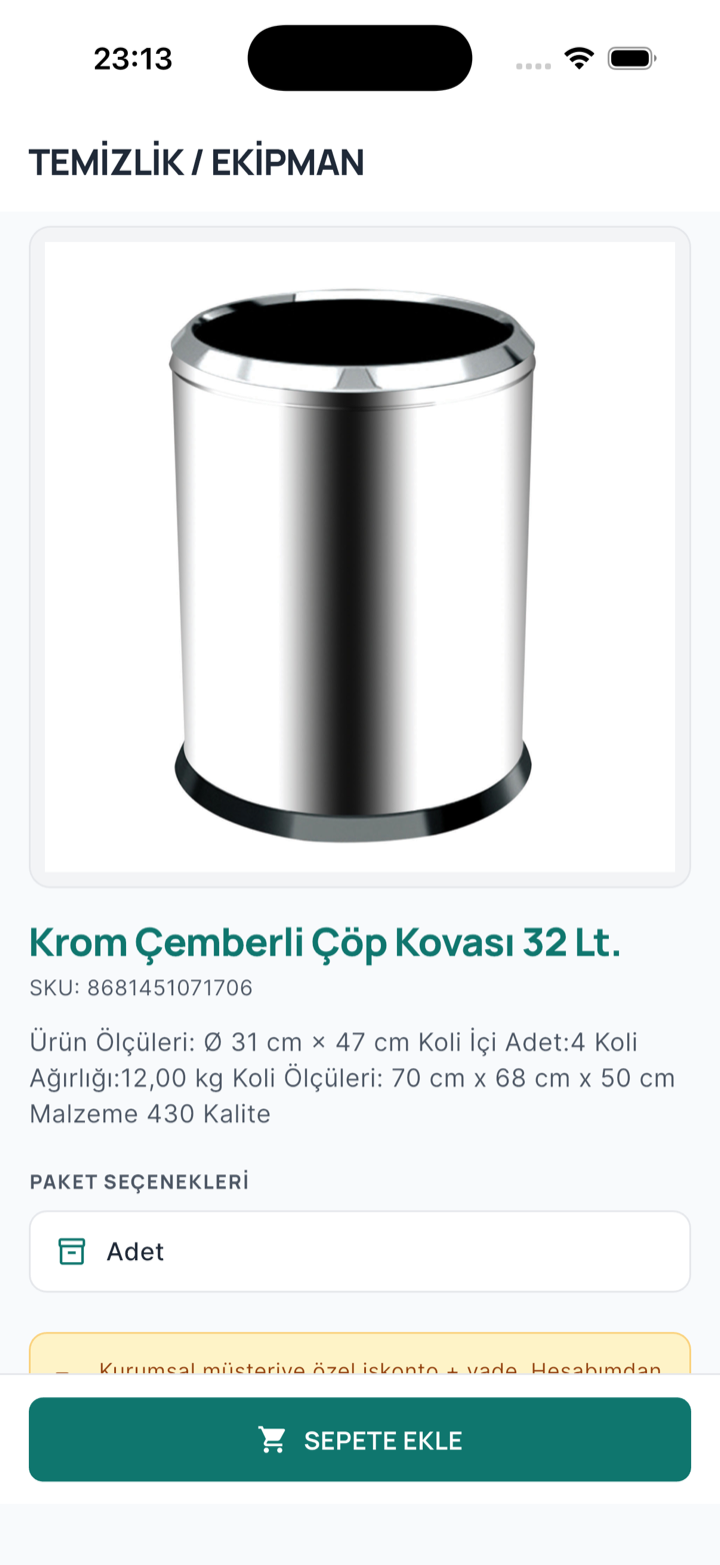 temiztedarik mobil uygulaması — ürün detayı: görsel, ölçüler ve sepete ekle