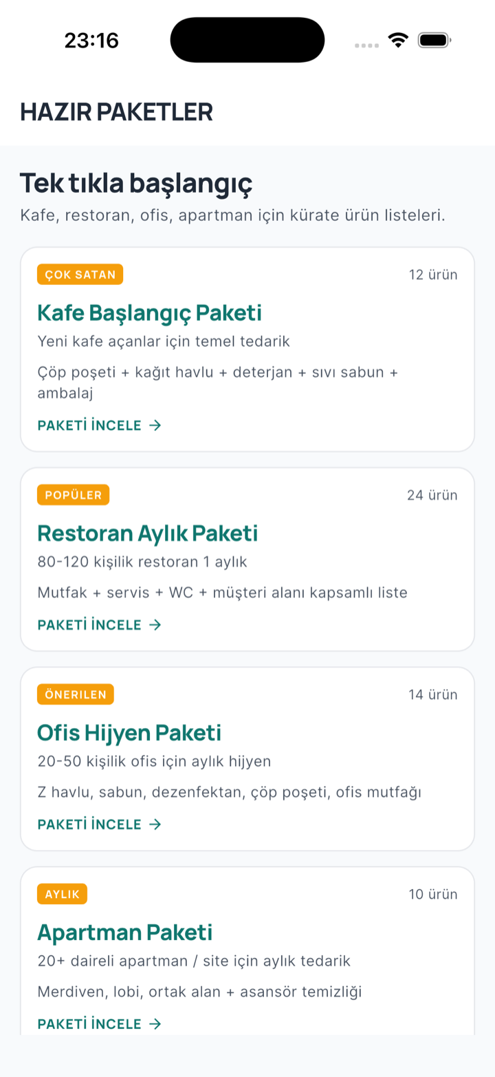 temiztedarik mobil uygulaması — sektörel hazır paketler